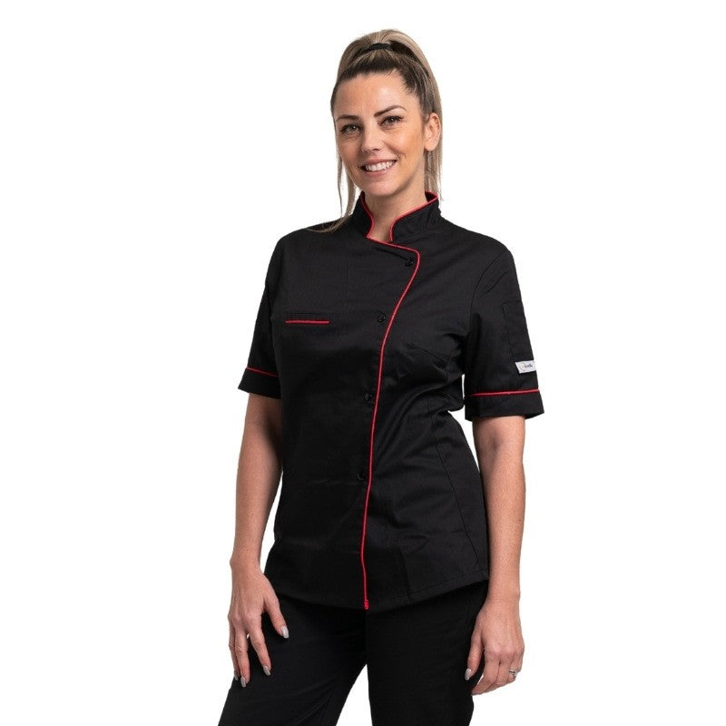Veste de cuisine femme, noire avec liseré rouge et poche poitrine