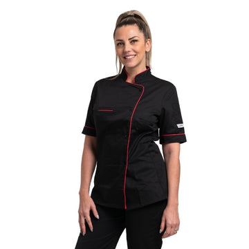 Veste de cuisine femme, noire avec liseré rouge et poche poitrine