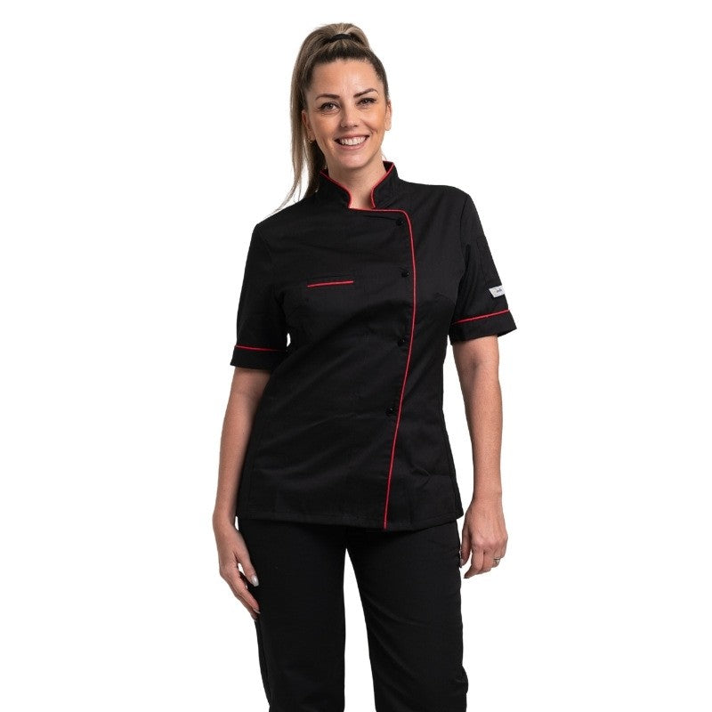 Veste de cuisine femme liseré rouge manches courtes femme Manelli