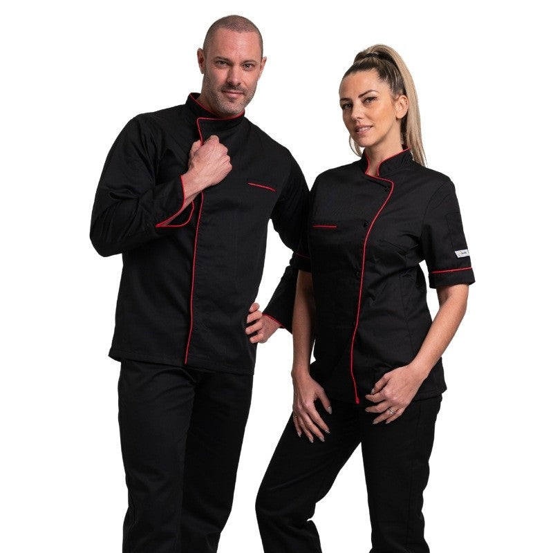 Veste de cuisine femme : anna et homme : Harry, noir liseré rouge