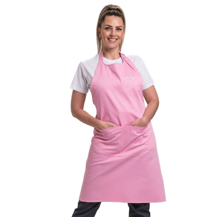 Tablier à bavette rose avec broderie