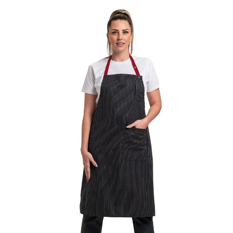 Tablier de cuisine noir à rayure blanche avec les bandes rouges