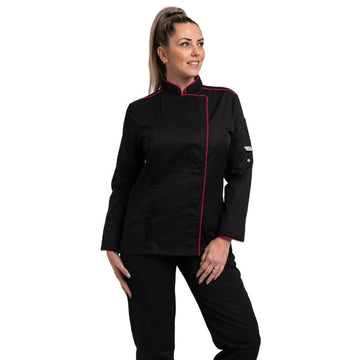 Veste de cuisine ORCHESTRA noir avec liseré rose et son pantalon manelli