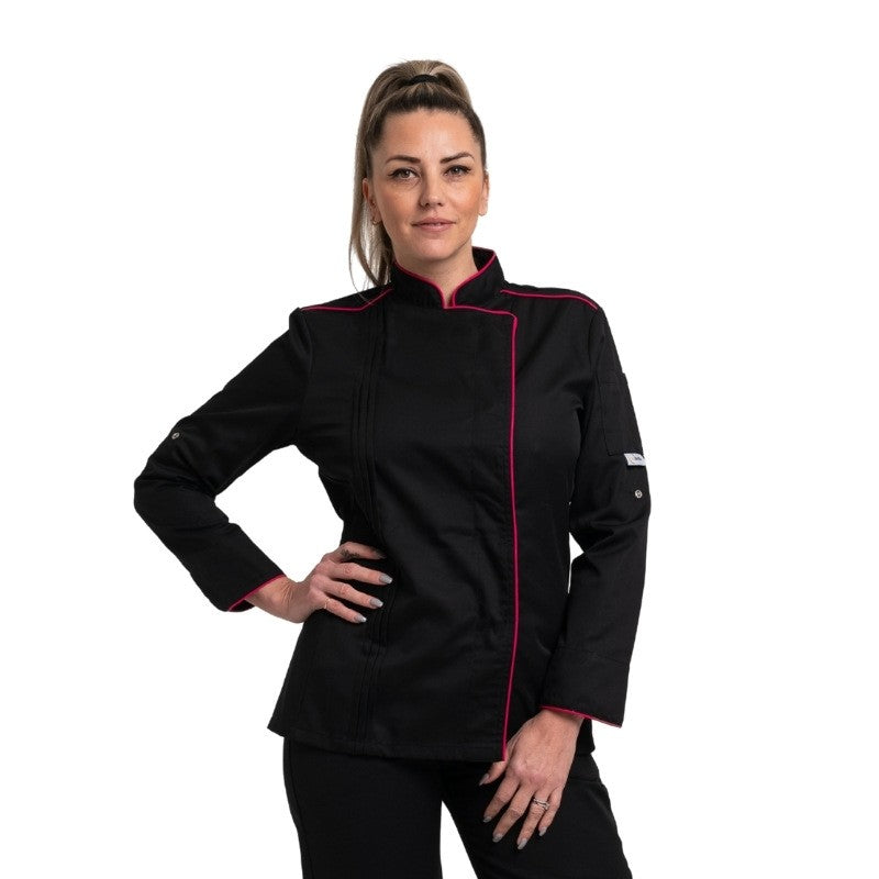 Veste de cuisine noir pour femme avec liseré rose