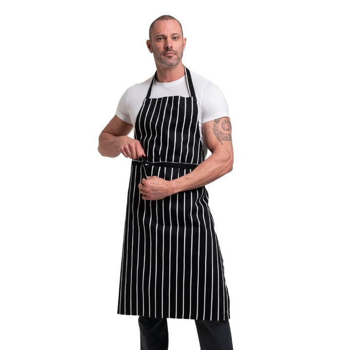 Tablier noir à bavette avec rayures blanches