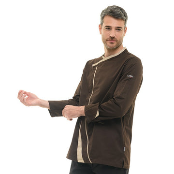 Veste de cuisine vue de côté avec double poche stylo et manche retroussable Lafont Mint marron