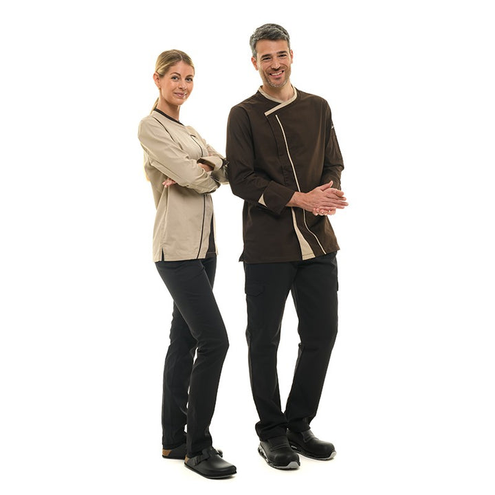 Veste de cuisine Homme en duo avec veste de cuisine Femme GINSENG beige Lafont