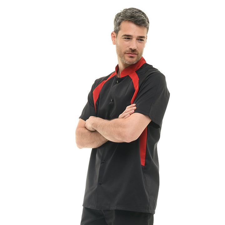 Veste de cuisine noire noire vue de côté avec liseré rouge MANELLI