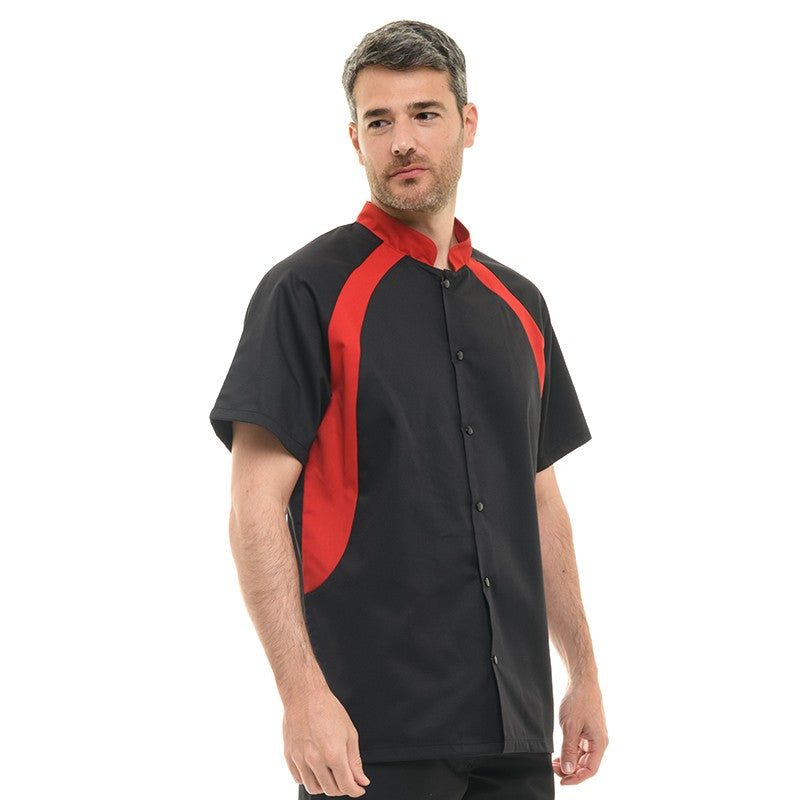 Veste de cuisine noire duo rouge en polycoton de la marque Manelli