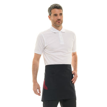 Tablier de cuisine noir de 40cm avec une poche ornée d'un liseré bordeaux