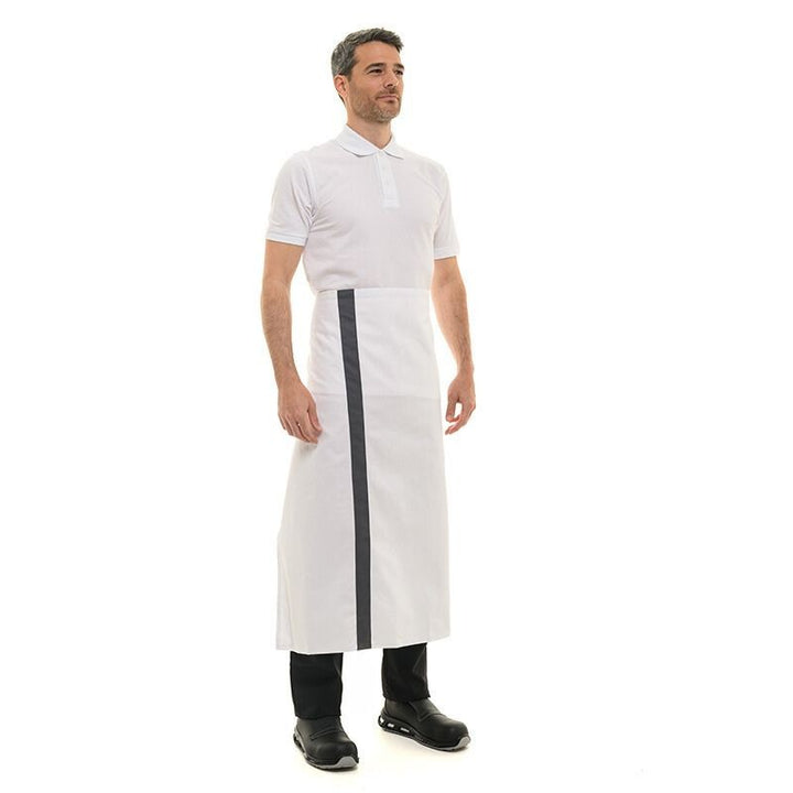 Tablier blanc bande gris acier - 90cm