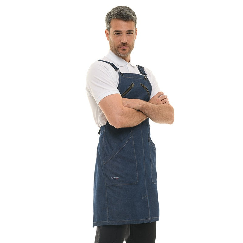 Détail côté du tablier de cuisine Lafont 406 en jeans