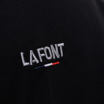 Détail de la broderie de la veste de cuisine Lemongrass en manches courtes et en noir Lafont