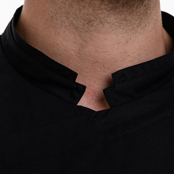 Détail du col de la veste de cuisine Lemongrass en manches courtes et en noir Lafont