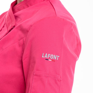 Détail de la broderie de la veste de cuisine double col Fuschia Lafont
