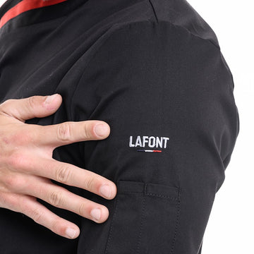 Détail de la broderie Lafont sur la veste de cuisine homme Mint noire liseré rouge