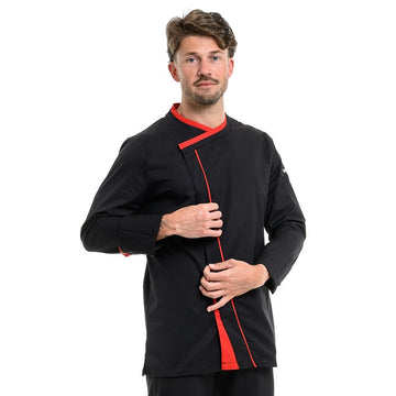 Veste cuisine homme manches longues avec liseré rouge le long de la fermeture Lafont