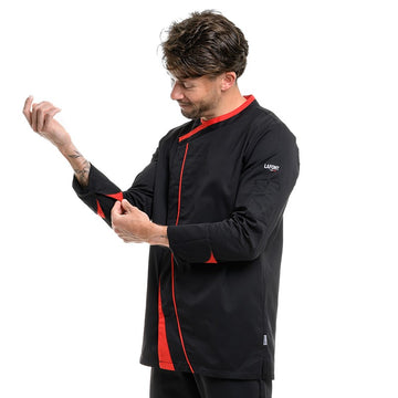 Veste de cuisine homme avec liseré rouge, idéal pour boucher