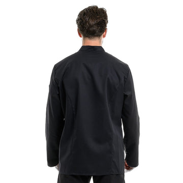 Dos de la veste de cuisine homme en coloris noir et liseré écru marque Robur