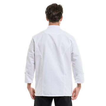 Dos de la veste de cuisine Harti blanche avec liseré écru marque Robur
