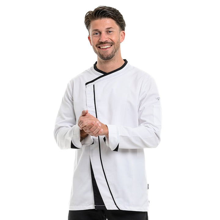 Veste de cuisine Lafont, fermeture asymétrique, blanche avec un liseré noir, pour homme