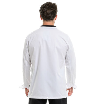 Dos de la veste de cuisine blanche au liseré noir Mint marque Robur
