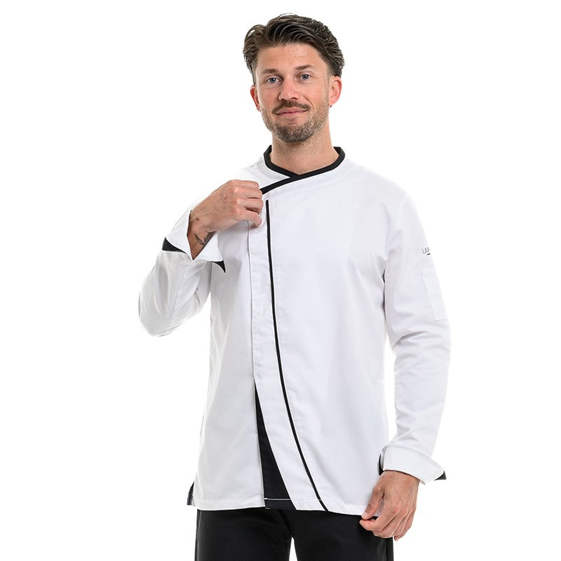 Veste de cuisine avec fermeture asymétrique sur le modèle Mint coloris blanc liseré noir de la marque Robur