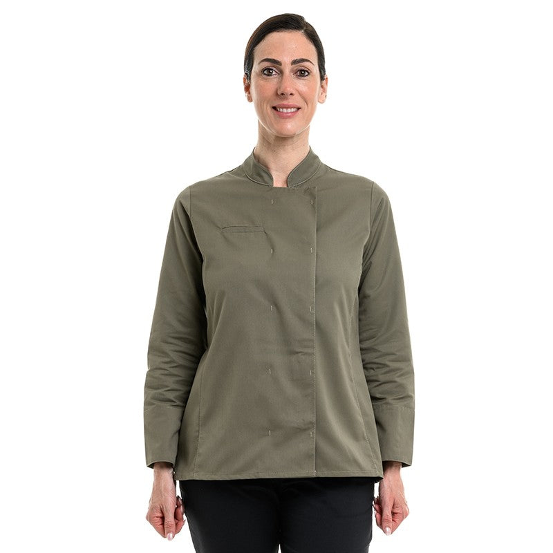 Vêtement de cuisine femme à manches longues, coloris kaki et coupe ajustée Manelli