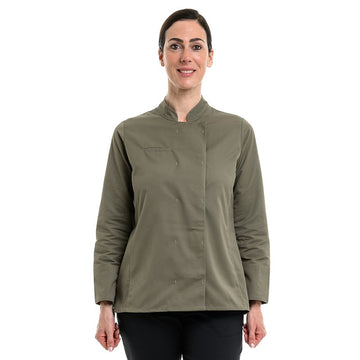 Vêtement de cuisine femme à manches longues, coloris kaki et coupe ajustée Manelli