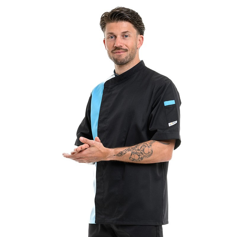 Vêtements de cuisine de qualité pour homme de la marque Manelli - gamme Dual en coloris noir et bleu