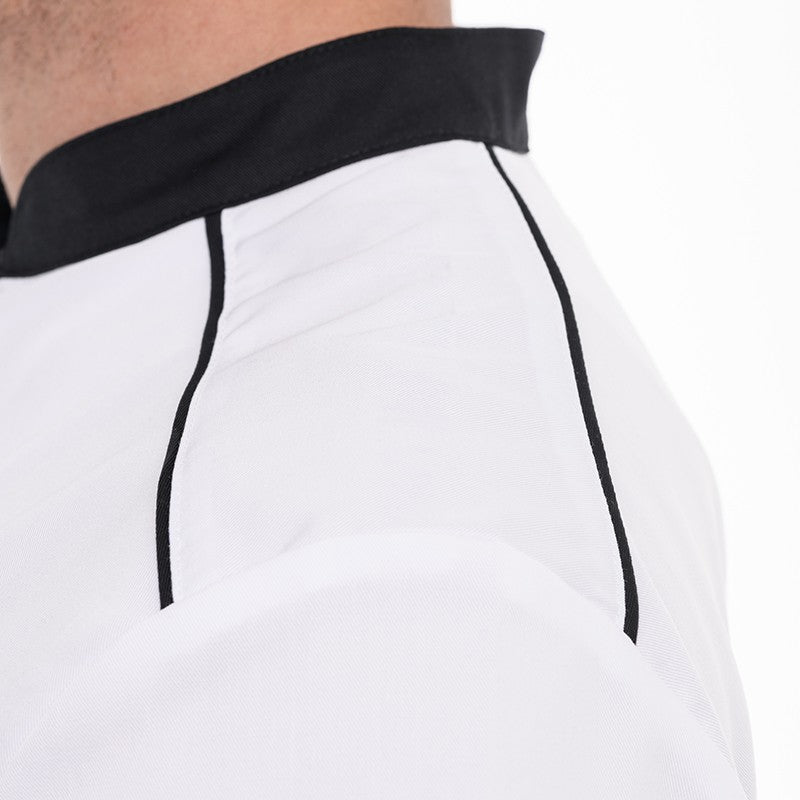 Détail de la veste de cuisine homme double liseré noir sur épaules molinel gamme Neospirit