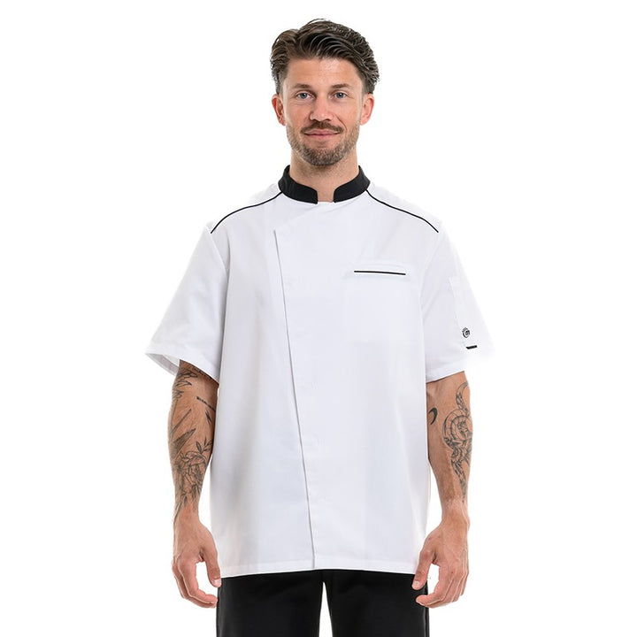 Veste de cuisine blanche - manches courtes, maille respirante, liseré noir - MOLINEL