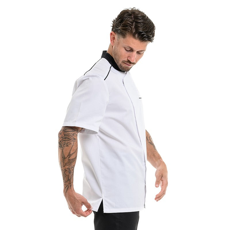 Veste de cuisine à manches courtes pour homme en coloris noir avec bande liseré noir sur épaules Molinel gamme néospirit