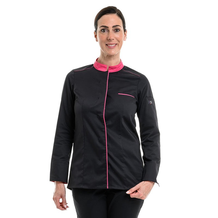 Veste de cuisine femme professionnelle à manches longues Elbax noir et rose Robur