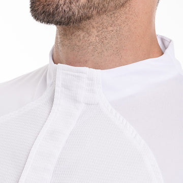 Détail du col et de la matière en nid d'abeille veste de cuisine Lafont Fénésie
