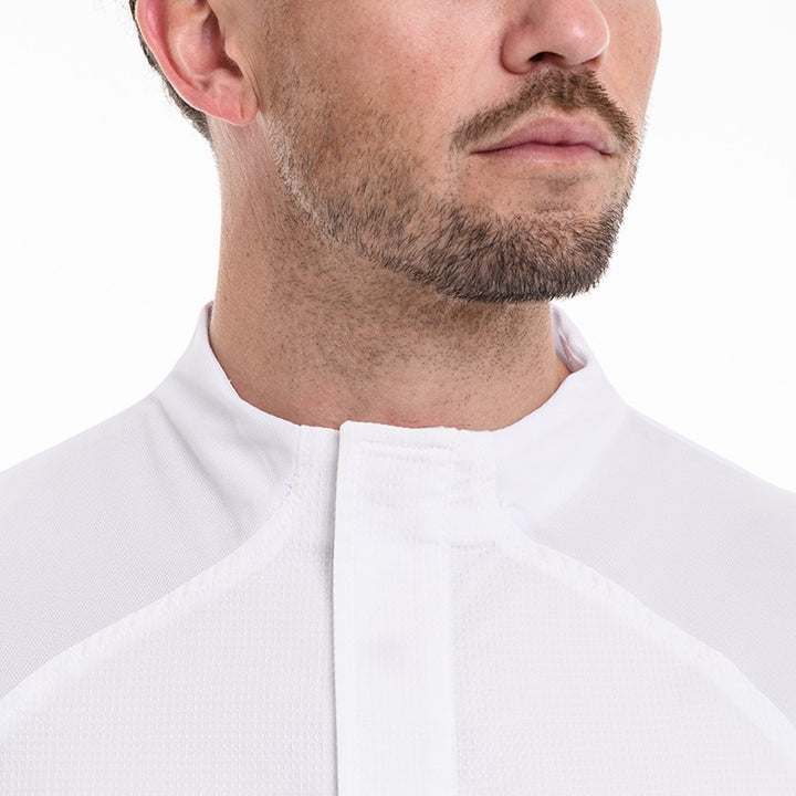 Détail col montant veste de cuisine Frénésie blanc Lafont