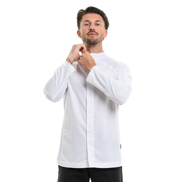 Fermeture à boutons pression de la veste de cuisine et son col montant modèle Frénésie blanc Lafont cuisine