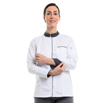 Veste de cuisine femme à manches retroussables de la marque Robur modèle Elbax blanc gris