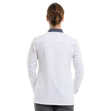 Dos de la veste de cuisine coupe femme de la marque Robur modèle Elbax blanc denim
