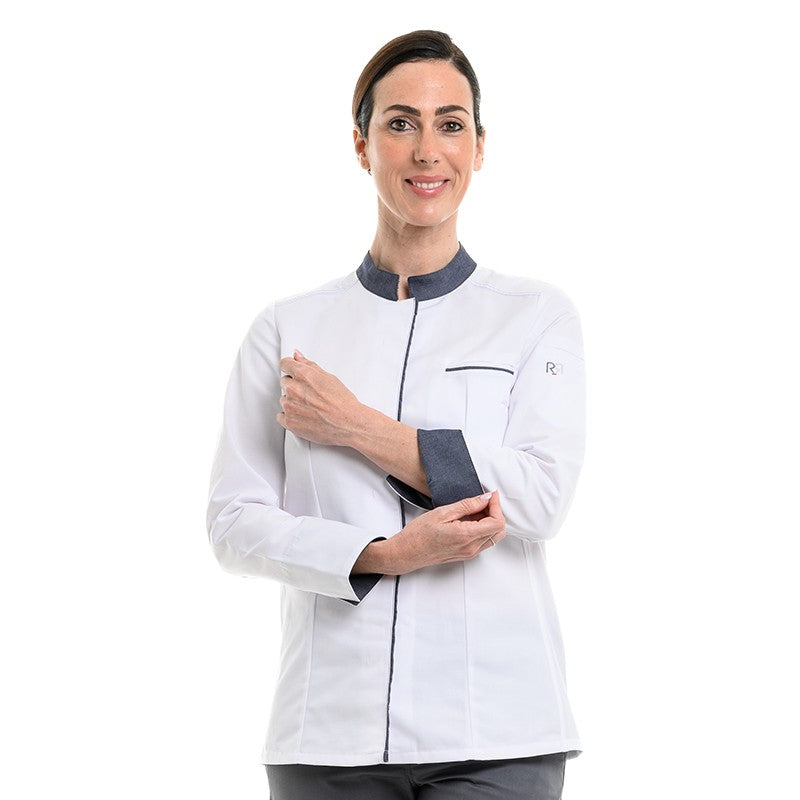Veste de cuisine femme avec manches retroussables de la marque Robur modèle Elbax blanc denim