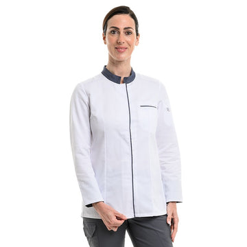 Veste de cuisine femme avec poche poitrine et col denim modèle Elbax Robur