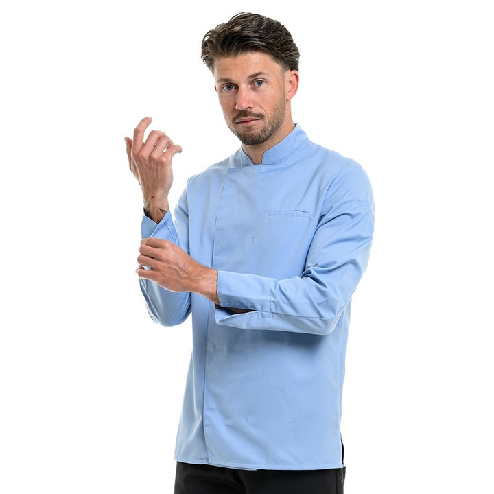 Veste de cuisine homme avec fermeture bouton pression et poche stylo et poitrine sur la veste Texas marque Manelli bleu ciel
