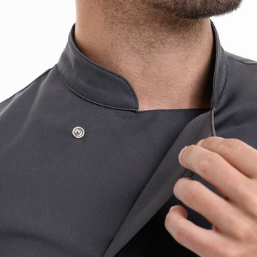 Détail col officier veste de cuisine homme grise texas Manelli