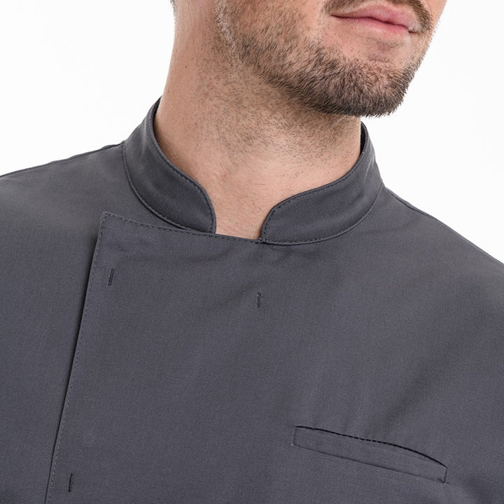 Détail de la veste de cuisine homme Texas grise Manches longues Manelli avec col officier et poche stylo