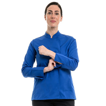 Veste de cuisine femme bleu royale avec manches retroussables Marque Manelli