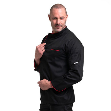 Veste de cuisine avec focus sur la manche stylo du modèle Harry marque Manelli