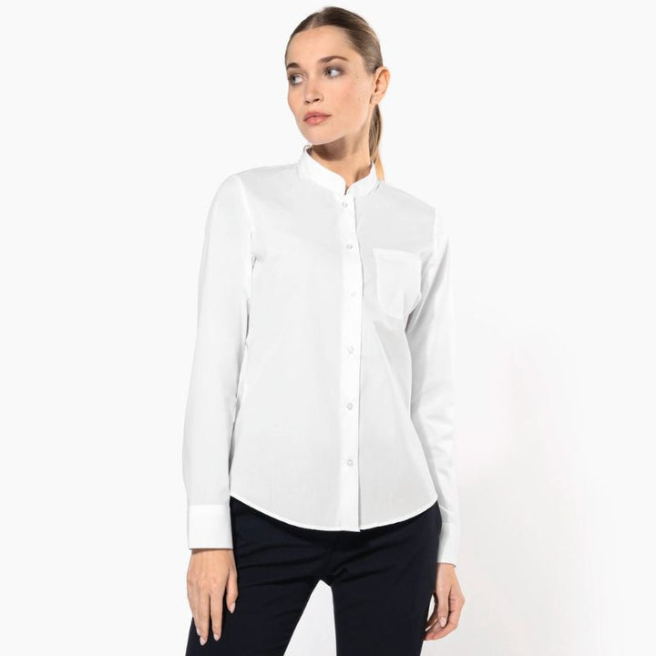 Chemisier de Service Femme Col Mao Blanc Manches Longues