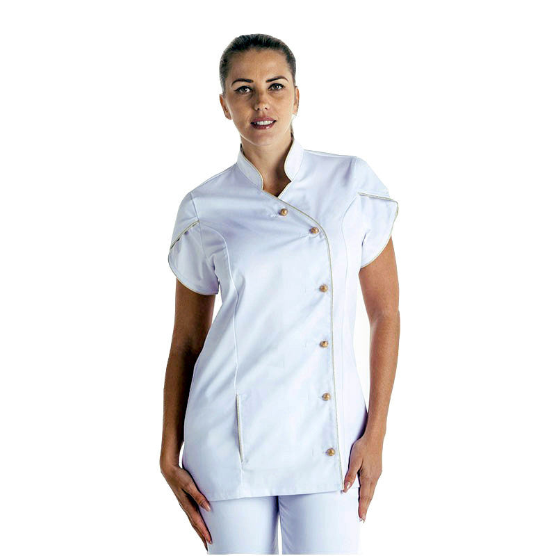 Blouse Médicale Femme Manches Courtes Magnolia Blanc Liseré Or - MANELLI