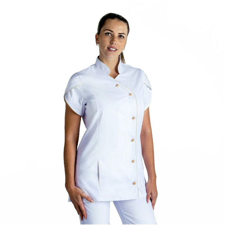 Blouse Médicale Femme Manches Courtes Magnolia Blanc Liseré Or - MANELLI