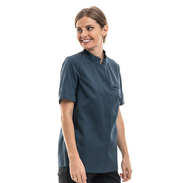 Veste Cuisine Femme Manche Courte Bleu Océan Liseré Noir Escale -